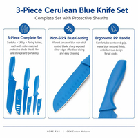 Ensemble de couteaux de cuisine antiadhésifs bleu céruleen Santoku, utilitaire et à éplucher, avec étui pour une utilisation sûre et portable