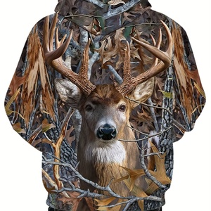 Sweat à capuche pour homme, uni, broderie 3D, pêche, camping, chasse, vêtements décontractés pour l'extérieur, lavable en machine, polyester, poches, coupe ample - Product Image 4