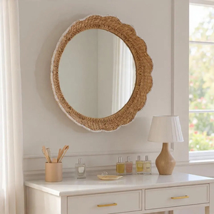 Miroir artisanal en jacinthe d'eau festonné style bohème, miroir mural tissé naturel pour salon, miroir rond artisanal 50 cm - Product Image 4