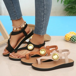 Womens Casual Wedge <b>Sandals</b> Toe Loop Design Metal Circle Decoration <b>Elastic</b> Ankle Strap Summer Footwear - Product Image 1