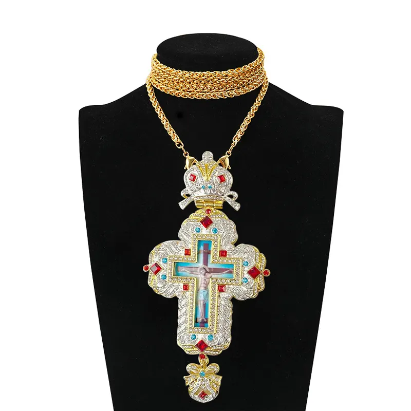 Croce pettorale placcata oro chiesa cristiana ciondolo sacerdote crocifisso battesimo dono icone religiose collana croce ortodossa