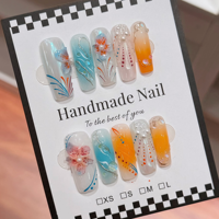 Nouveaux faux ongles à presser faits à la main, longs, carrés, avec paillettes, 10 pièces, de haute qualité, fleurs 3D, chrome, fournisseur d'ongles artificiels