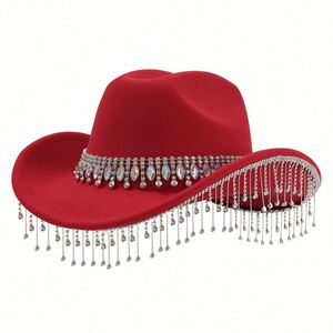 Sombrero vaquero de fieltro para mujer con borla grande de gemas redondas y diamantes de imitación, ideal para fiestas nupciales - Product Image 5