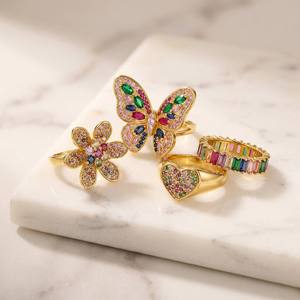 Bague en acier inoxydable plaqué or 18 carats pour femme, avec zircon coloré, motif fleur, papillon, arc-en-ciel, alliance éternité, ajustable, ouverte - Product Image 1