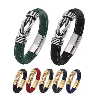 Bracelet en cuir tressé magnétique Offre Spéciale avec logo personnalisé Bracelet à nœud infini en acier inoxydable pour hommes fait à la main