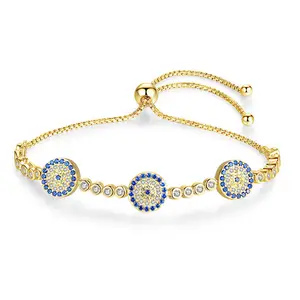Wholesale bracelet lucky women-Qings 925 Sterling Silver Adjustable Lucky Blue Evil Eye Chain Bracelet With Sparkling Cubic Zirconia for Women Girls