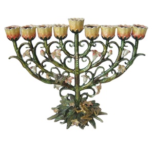 Diseño de flores esmaltadas a mano, Bronce Antiguo, verde y rosa, Metal, aleación de Zinc, nueve ramas <span class=keywords><strong>Menorah</strong></span> - Product Image 1