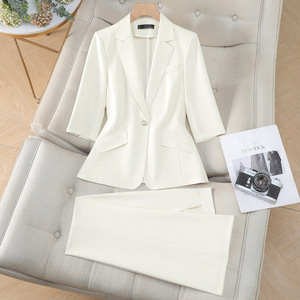 Women's Pink Three Quarter Sleeve Suit <b>Set</b> Satin Lightweight <b>Office</b> Lady Workwear Business Leisure - Product Image 3