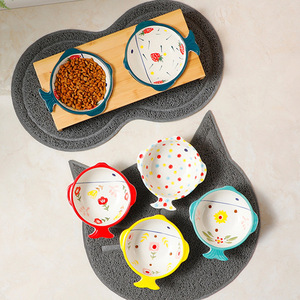 Ceramic Pet Bowl Set Fish Shape Fruit Pattern Double <b>Feeder</b> For <b>Cat</b> With Wooden Stand And Mat - Product Image 5
