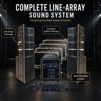 Équipement audio professionnel avec caissons de basses, enceintes Line Array, amplificateurs et table de mixage pour concerts en plein air, églises et locations de scènes