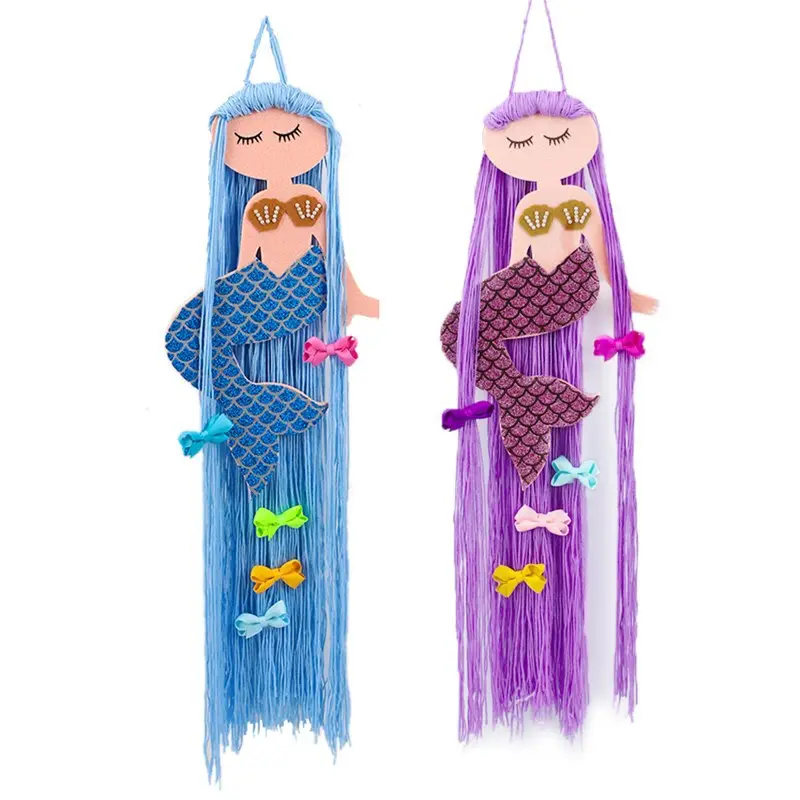Nordic Nursery Kids Boho Mermaid Hair Clip Bow Hanger Organizer Holders Woven Macrame Wall Hanging Tapestry Girls Room Decor