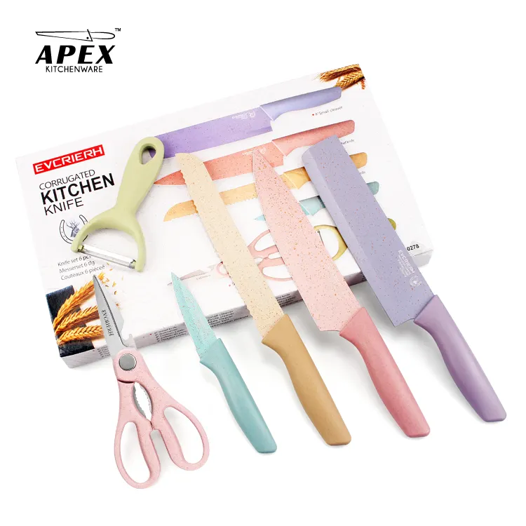 Colorful Kitchen Knife Set 6 PCS, Colored Knives Set with Non-Stick Coating, Chef Boxed Knives Set for Cooking, Camping
