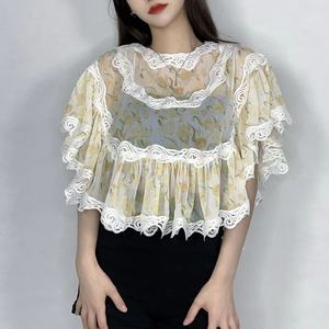 Camisas Casuales de Mujer, Blusa de Manga Corta con Ojales, Top de Verano - Product Image 1