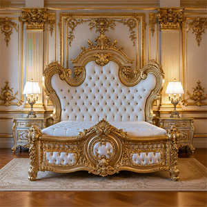 Ensemble de chambre à coucher en teck sculpté Royal Majesty, style français royal, lit de luxe en bois massif à dossier haut, magnifique lit king size sculpté - Product Image 1