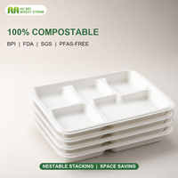 Barquette jetable en bagasse à 5 compartiments / Assiette rectangulaire compostable en canne à sucre, récipient alimentaire étanche et compatible congélateur