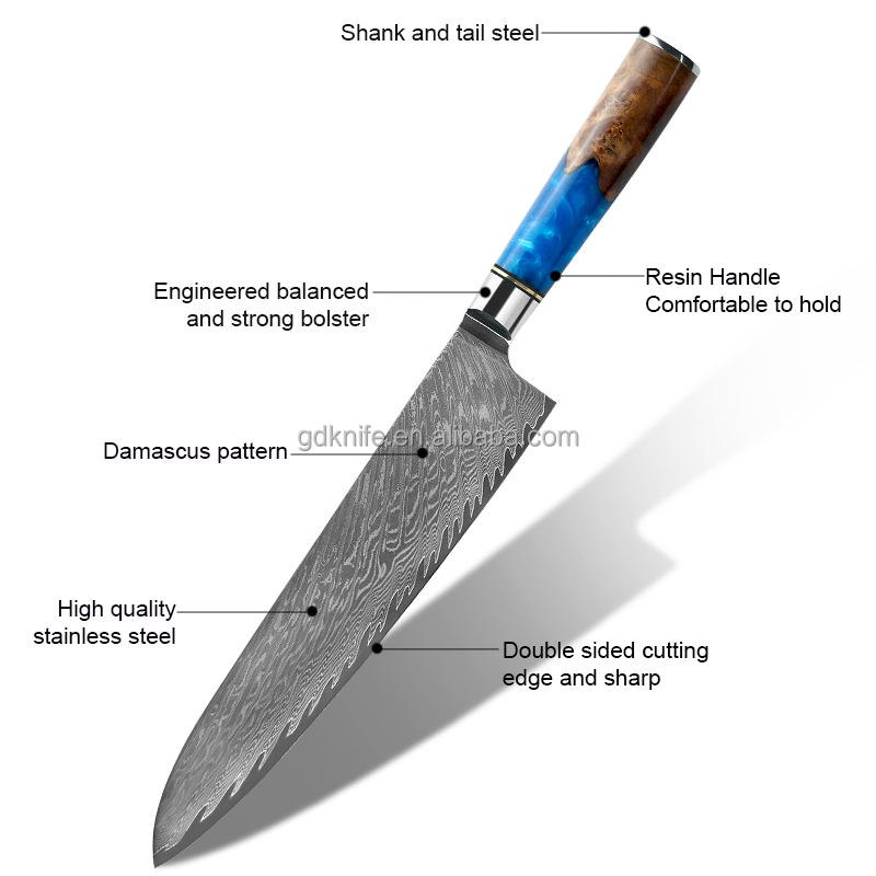 Factory Wholesale Cooking Kitchen knife Damascus steel Japanese chef knife with Blue Resin Handle