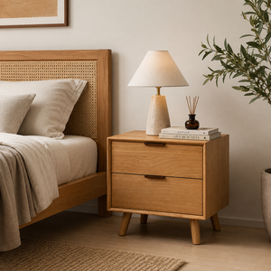 Solid <b>Oak</b> Wood <b>Bedside</b> Nightstand with Two Storage <b>Drawers</b> Minimalist Scandinavian Bedroom Side Cabinet Made in Indonesia - Product Image 5