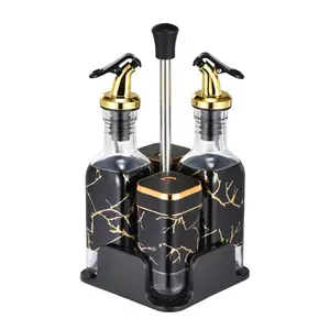 Frasco de tempero em mármore moderno e luxuoso, frasco de vidro giratório com 4 peças, dispensador de vinagre e óleo, conjunto com suporte de metal