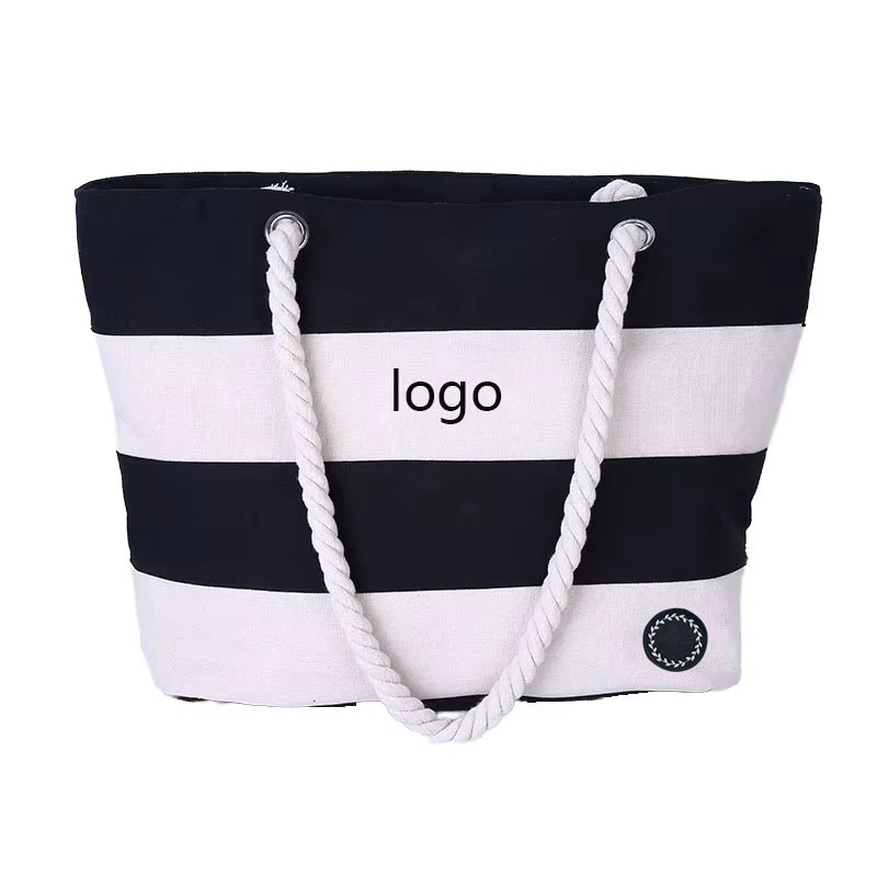 Large Capacity Rope Stripe Stitching Canvas Tote