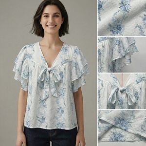 Chemise à fleurs bleues de style français 2026, à pois blancs suisses, pour femmes, été, manches bouffantes à volants, col en V à nouer devant - Product Image 5