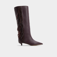 Bottines en cuir bordeaux pour femmes, à hauteur du genou, avec décorations en pompons, bout pointu, talon bas, chaussures habillées