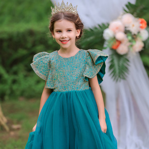 Robe de princesse pour enfants bleu lac, col rond, coupe trapèze, tutu, robe de demoiselle d'honneur, costume de spectacle - Product Image 3