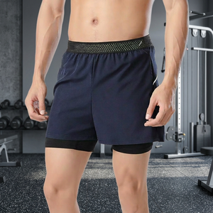 Men's Double <b>Layer</b> Gym Shorts High Street Style <b>Mid</b> Waist Quick Dry Breathable Active Wear Solid Color Drawstring Closure - Product Image 2