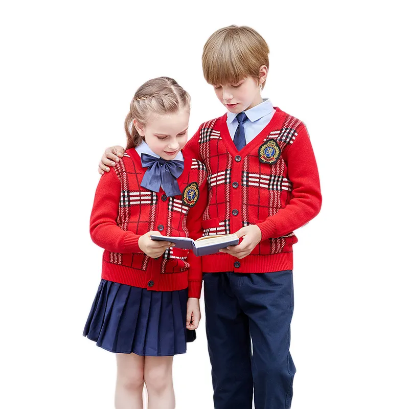 100 Sets Custom Kids Basisschool Uniformen Rode Jas + Blauwe Plooirok/Broek Ontwerp Met Foto 'S Schooluniform trui