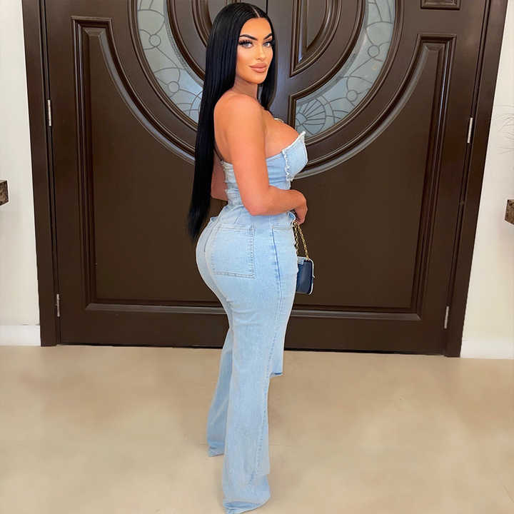 Elastic Ripped Suspender Denim Shorts One Piece Denim Jumpsuits
