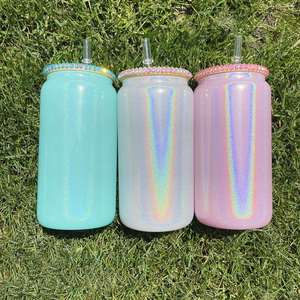 Verre en forme de canette de bière 15oz 16oz pour sublimation, effet holographique arc-en-ciel scintillant, avec couvercle en strass - Product Image 2