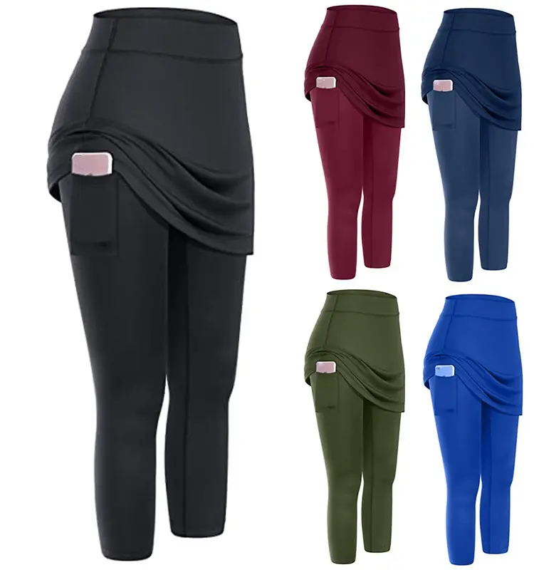 Legging olahraga wanita, Legging dengan kantong rok tenis elastis kantong elastis rok Capri Yoga