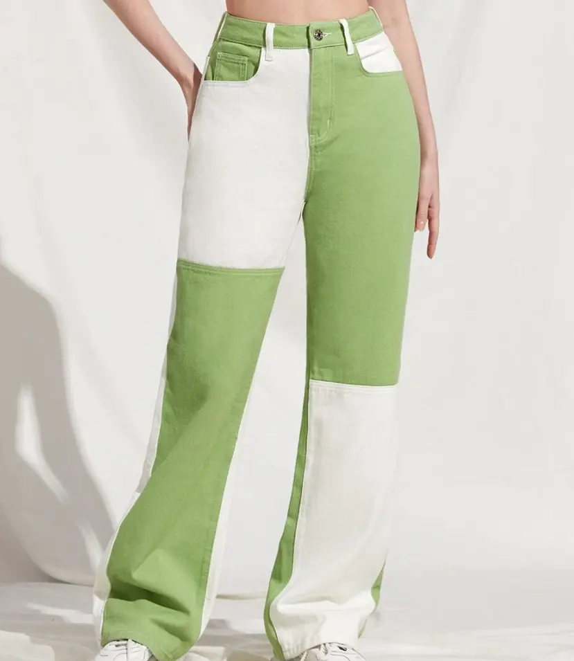 Calça jeans feminina costura sob encomenda, tecido de denim 100% algodão colorblock