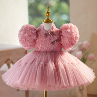 Robe de demoiselle d'honneur rose de luxe à fleurs 3D, manches bouffantes, robe de princesse tutu pour mariage, fête, Vestidos, 2-12 ans, OEM