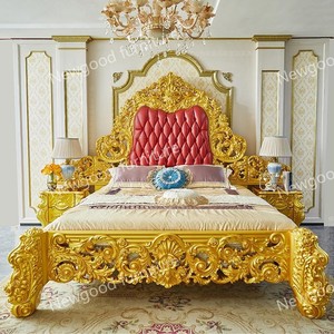 <span class=keywords><strong>Cama</strong></span> de madera tallada a mano con diseño barroco francés de lujo real de cuero de <span class=keywords><strong>vaca</strong></span> real - Product Image 1