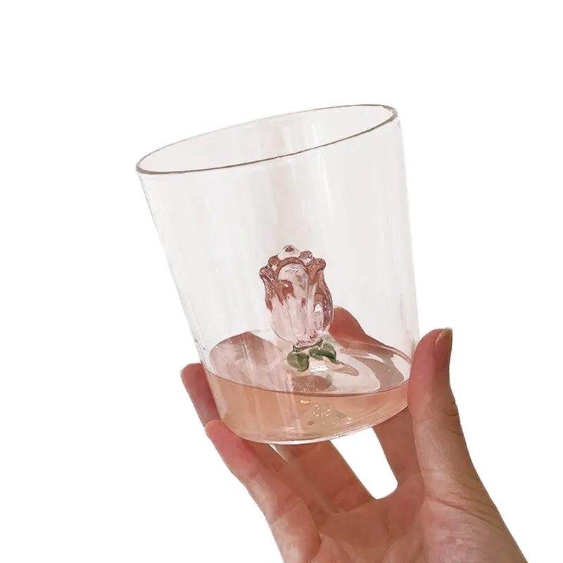 Creative Glass Water Cups With 3D Base Pink Rose Flower Clear Transparent Rose Inside Drinking Glass Mugs