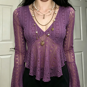 Women's Lace <b>Long</b> <b>Sleeve</b> V Neck <b>Top</b> Slim Fit Peplum Hem <b>Sheer</b> Breathable Knitted Solid Color <b>Top</b> Spring Autumn Fashion - Product Image 2
