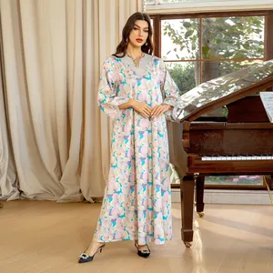 2024 Elegant Kaftan Dresses Moroccan Floral Printed Diamond Muslim Kaftan Plus Size Muslim Dress For Women Islamic Clothing
