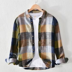 Camicie di <span class=keywords><strong>lino</strong></span> arancioni kaki a quadri casual a maniche lunghe personalizzate all'ingrosso 100% camicie a quadri di design eco a maniche lunghe per uomo - Product Image 2