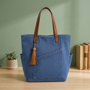 Denim <b>Canvas</b> Tote Bag Women Shoulder Handbag Zipper <b>Shopper</b> with Tassel Polyester Lining for Daily Shopping Travel - Product Image 3