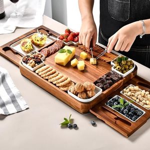 Juego de tablas de queso de madera de acacia con forma cuadrada al por mayor, organizador de 2 cajones, bandejas de acero inoxidable para servir queso de charcutería - Product Image 3