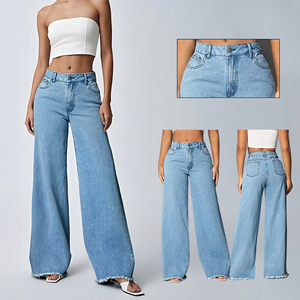 2025 femmes nouveau glisser plancher <span class=keywords><strong>taille</strong></span> <span class=keywords><strong>haute</strong></span> pantalon droit jambe large <span class=keywords><strong>jean</strong></span> ample pantalon pantalon lavé bleu hanche levage pantalon - Product Image 1