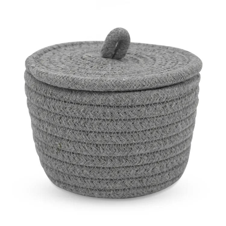 Eco-friendly Round Cotton Rope Woven Storage Basket Cotton Rope Storage basket with lid