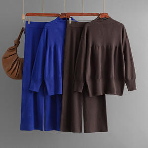 Conjunto de suéter de punto de dos piezas estilo callejero para mujer, de manga larga Top holgado, cuello alto, pantalones de pierna ancha, primavera invierno - Product Image 2