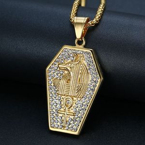 Western Hip Hop Jewelry <b>Titanium</b> Steel Gold Plated Anubis Pendant Necklace With Diamond Inlay Hexagon Shape Gift - Product Image 1