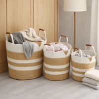 Panier à linge décoratif en corde de coton écologique avec poignées en cuir, lot de 3 pour la chambre d'enfant et la maison