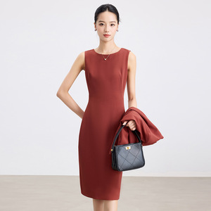 Sleeveless Sheath Dress Navy Blue O-Neck Mid Length Solid Color Career Dress Women's Office Wear - Product Image 4