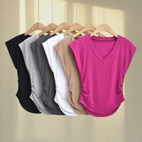 T-shirt pour femme en coton tissé 100% extensible, couleur unie, style hip-hop, avec col en V, volants latéraux et manches bouffantes, nouvelle collection American Spice Girls 2026