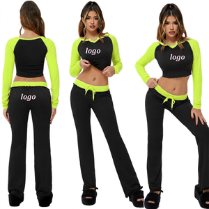 Conjunto de Dos Piezas para Mujer, Top Corto con Cuello en V y Mangas Raglán, Pantalones Jogger, Verde Neón/Negro, Manga Larga, Ajuste Ceñido, Spandex/Algodón, Casual, Verano - Product Image 2