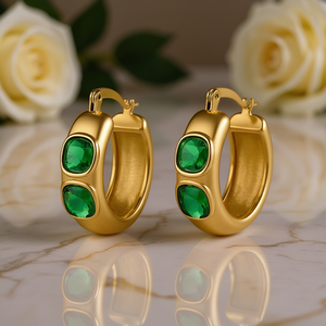 Orecchini a Cerchio Dorati con Gemma Verde Incastonata per Donna, Gioielli alla Moda per Feste - Product Image 2