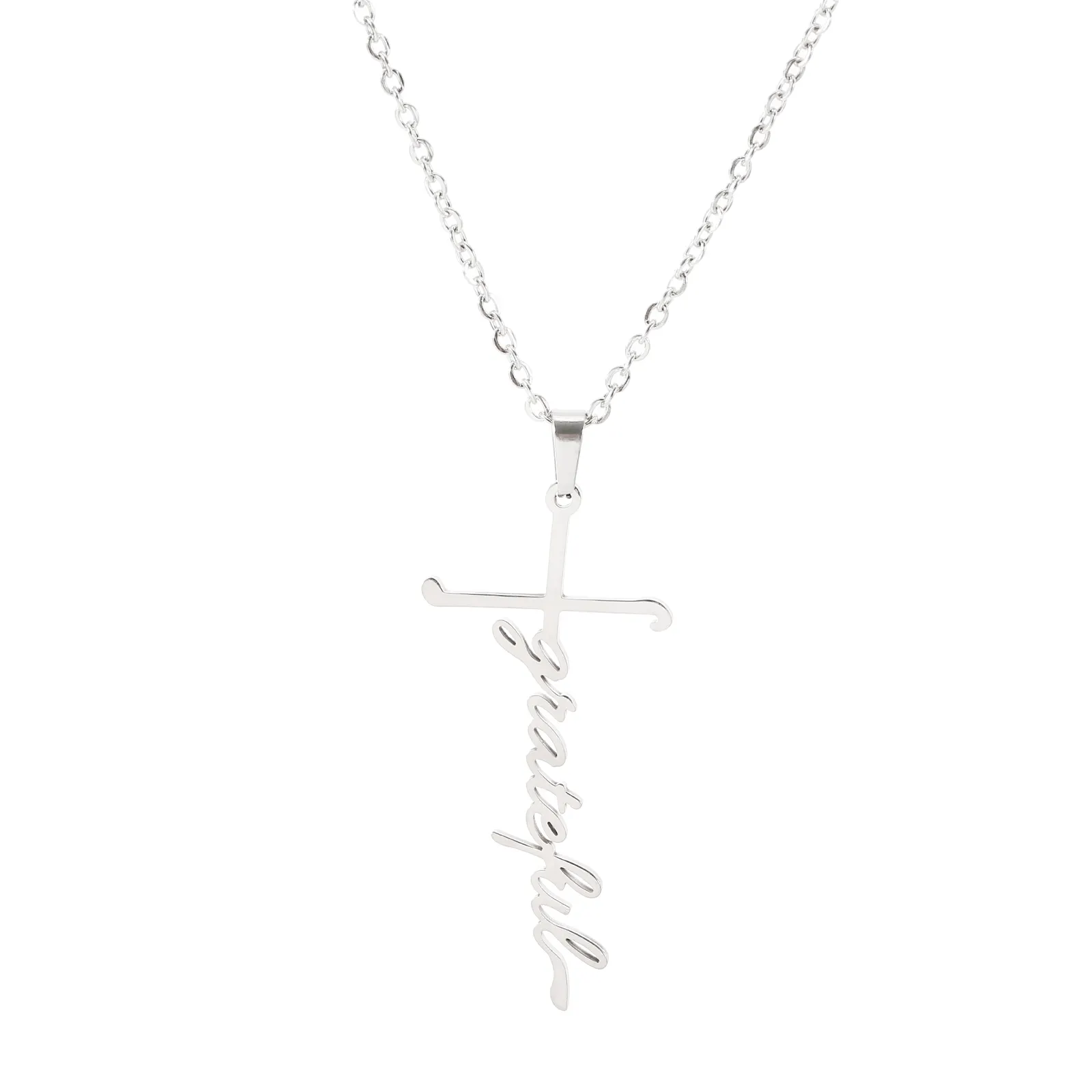 Cheap Custom Stainless Steel Cross Necklace Inspired Words Trust Believe Grace Blessed Necklace Religious Jewelry Wholesale